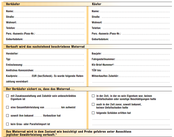 Kaufvertrag Motorrad - für Privat, Muster & Vorlage kostenlos